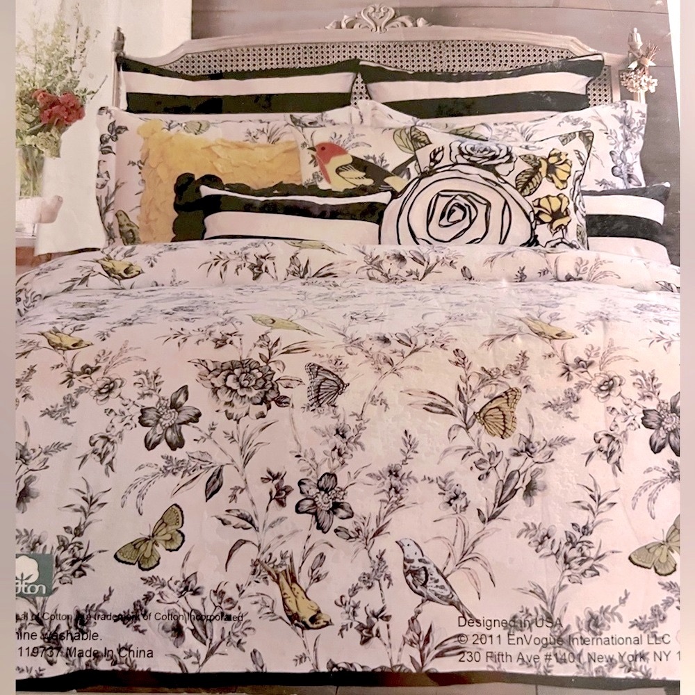 ENVOGUE FLORAL WITH BIRDS BUTTERFLIES KING DUVET COVER SET W /SHAMS BLACK WHITE